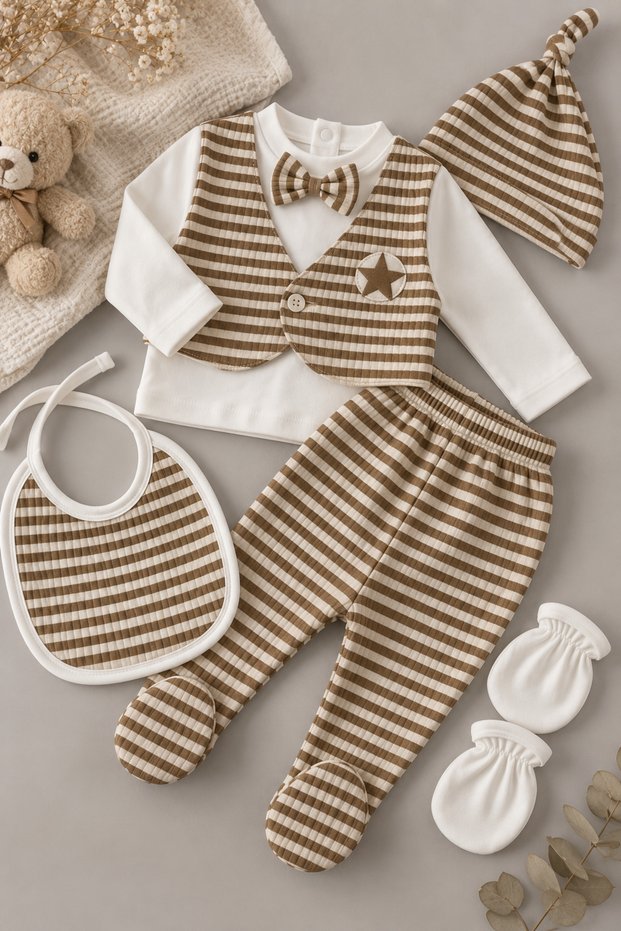 Little Gentleman Vest, Bow Tie, Star Detail, Ribbed Fabric Boxed Newborn 5-Piece Hospital Discharge Set