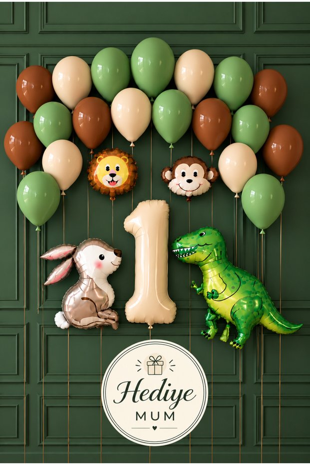Boy's Safari Animal Figured Concept Birthday Number Balloon Set with Candles and Age Options
