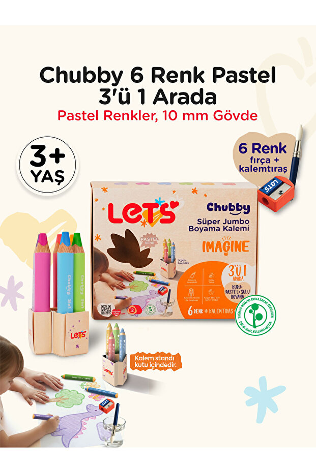 Let's Chubby Super Jumbo Pastel Coloring Pencil Set 3 in 1 | 6 Colors