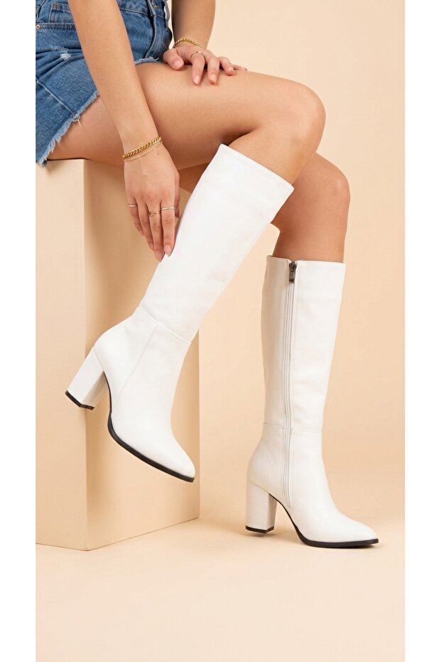 Women's High Heeled Leather Look Long Boots