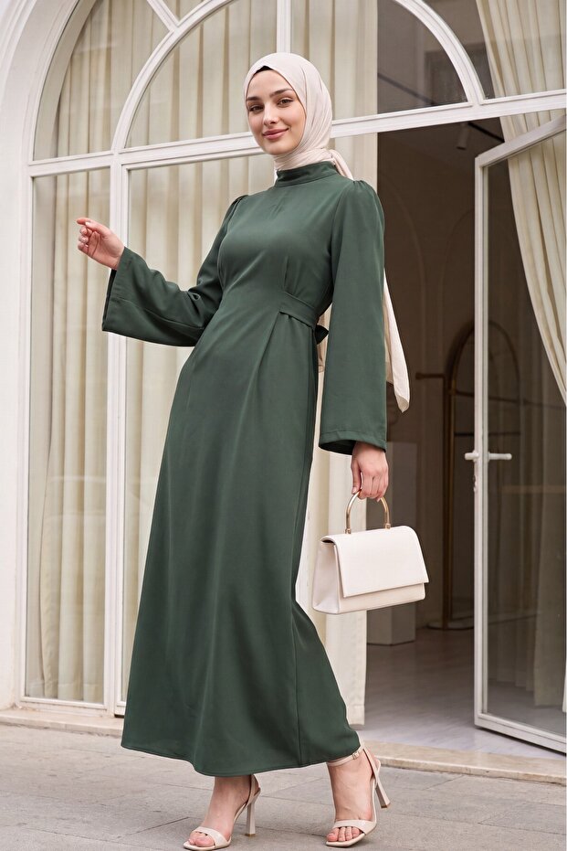 Hakim Collar Belted Dress -Khaki