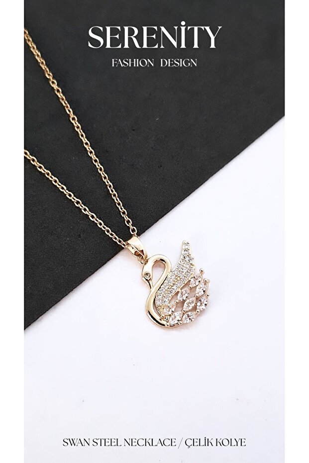 Swan Figure Gold Color Zircon Stone Steel Necklace