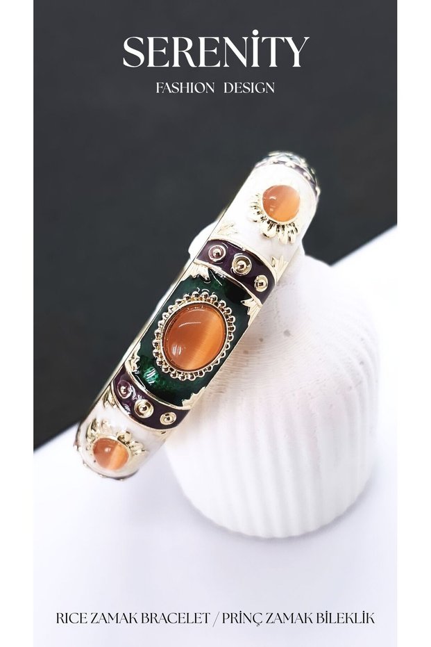 Opal Stone Colored Satin Enamel Brass Plated Zamak Bracelet