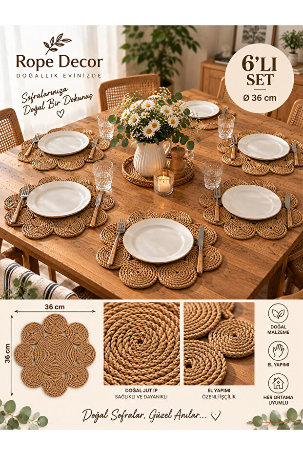 6 Person Daisy Wicker Rope Jute American Service Supla Under Service 36cm