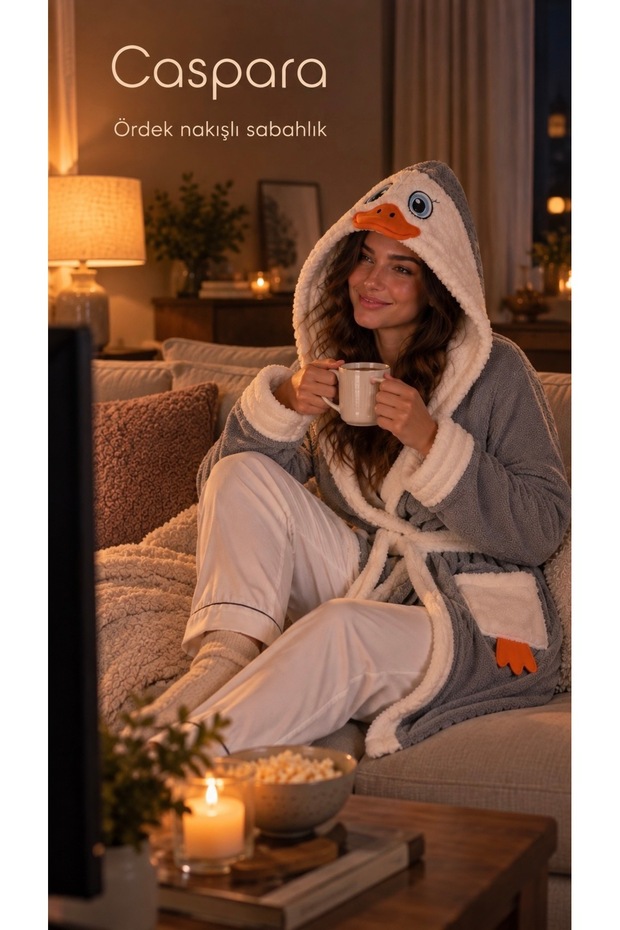Duck Embroidered Women's Hooded Wellsoft Plush Bathrobe / Dressing Gown, Soft Textured with Pockets