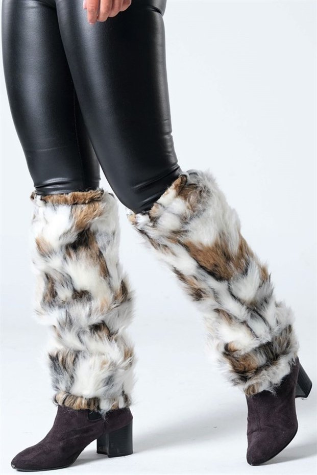 White Brown Patterned Furry Plush Leggings