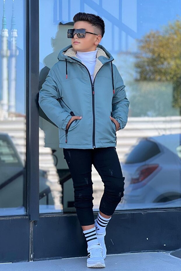 Boy's Hooded Fur Oversize Winter Coat Km4050