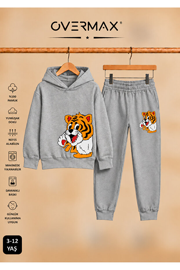 Baby Tiger Printed Children's Hooded Sweatshirt Set – Ages 3-12