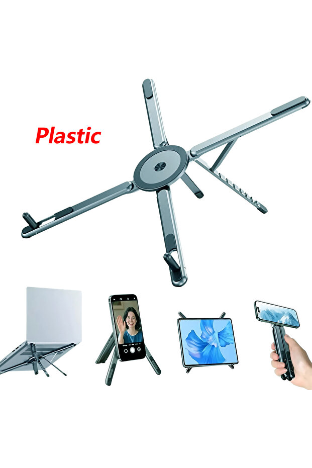 Gray--Plastic ABS Plastic Desktop 3IN1 Foldable Laptop Stand for Macbook iPad Handheld Magnetic Phon