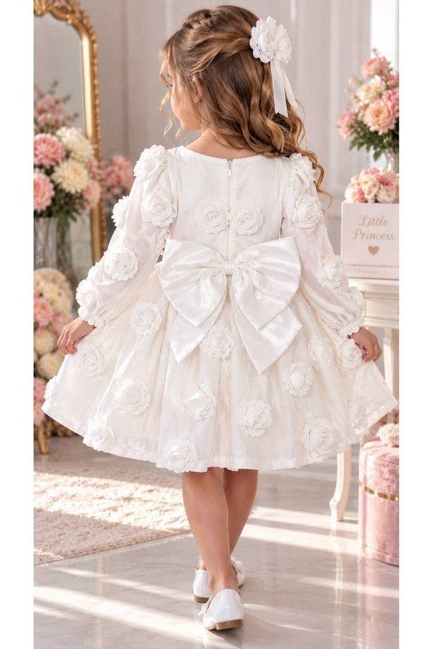 Girls' Dress for Party, Cotton, 3D Rose Detail, Tulle Lining, Evening Dress