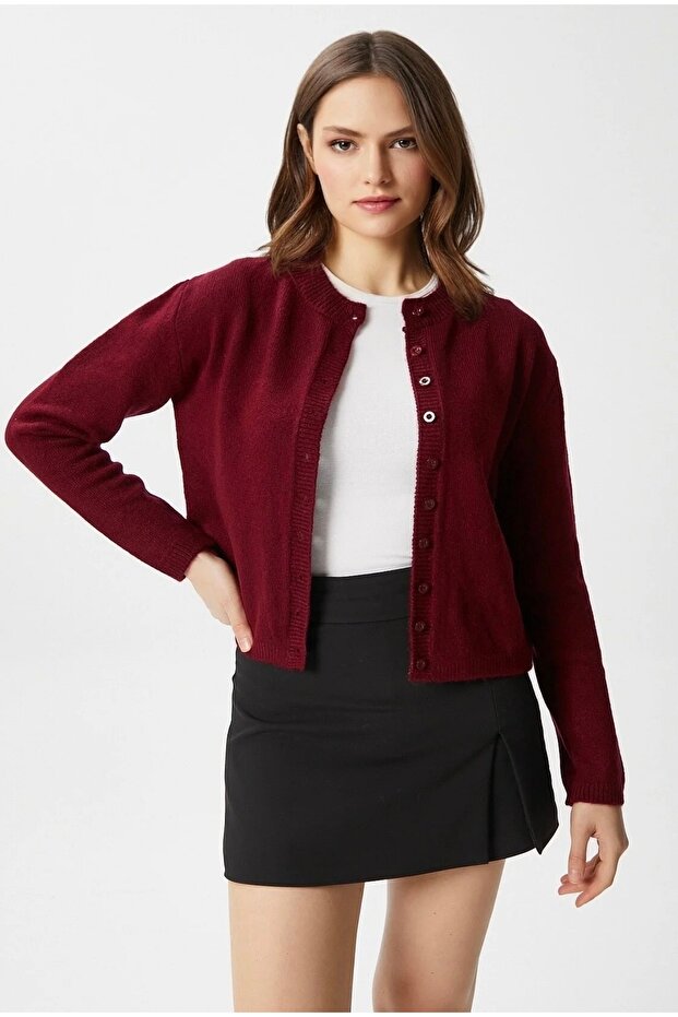Burgundy Basic Buttoned Women's Knitwear Cardigan
