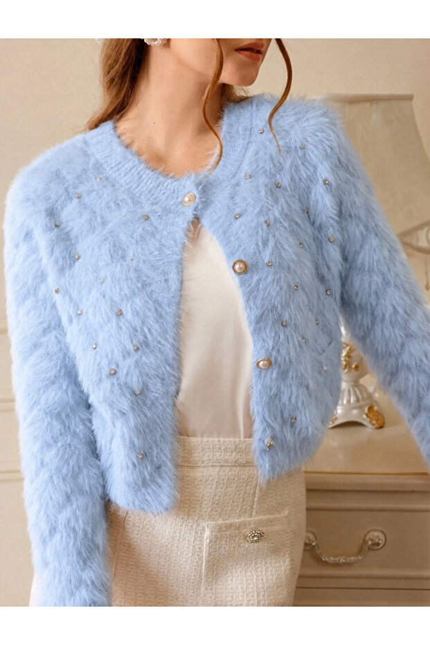 Women's Diamond Pattern Stone Detailed Plush Look Knitwear Basic Cardigan