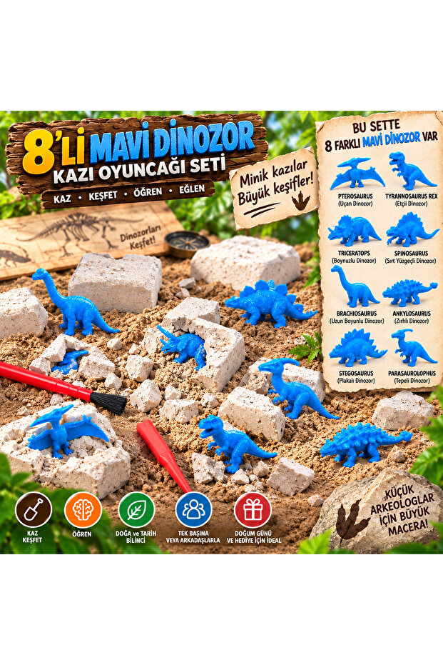 💙 8-Piece Blue Dinosaur Excavation Kit | Dinosaur Excavation Toy, Archaeology and Paleontology Set