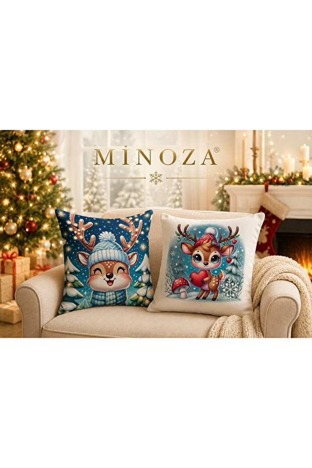 Digital Printed Deer Christmas Patterned Throw Pillow Cover Set of 2