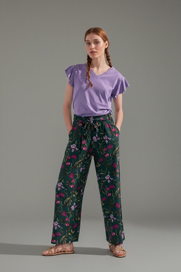 Combed Cotton Pajama Set Ruffle Sleeves V-Neck Lilac Top Floral Patterned Khaki Loose Trousers
