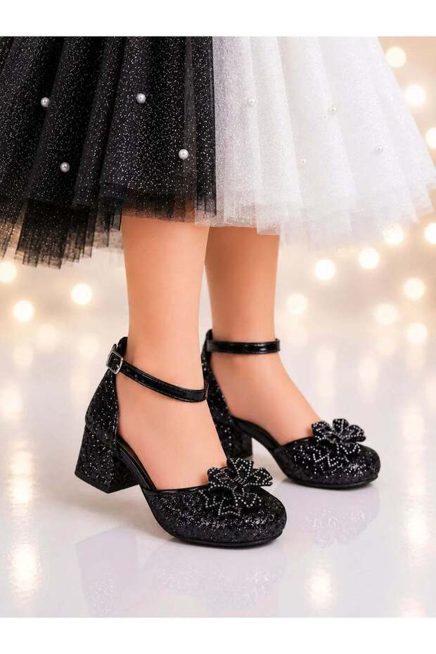 Işıl Işıl Girls' Heeled Shoes, Evening Dress Shoes, New Season, Shimmering Blackck