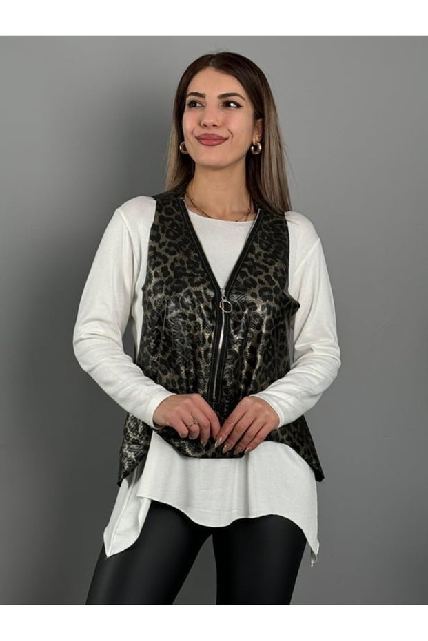 Women Snake Pattern Zipper Detail Vest and Asymmetrical Cut Blouse Loose Double Suit