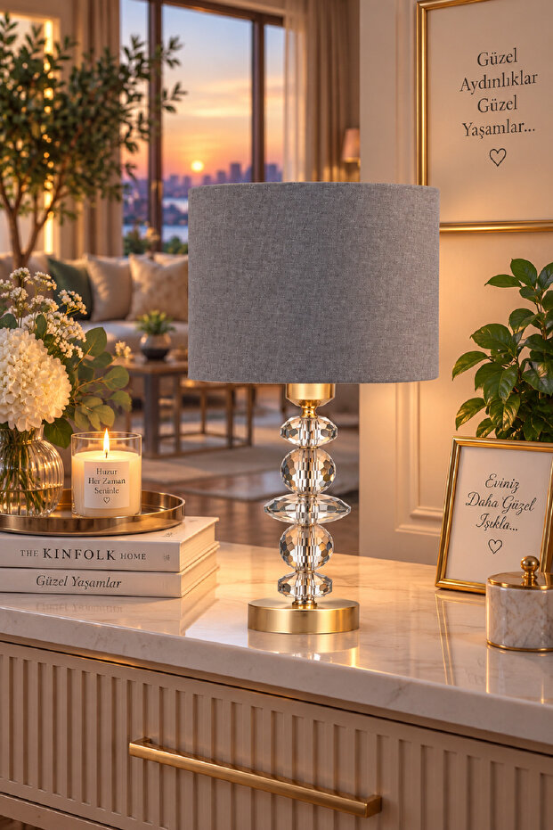 5 Tal Crystal Table Lamp Shade with Gold Plated Fabric Head