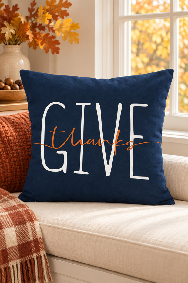 Give Thanks Patterned Autumn Themed Decorative Throw Pillow Cover 43X43 cm