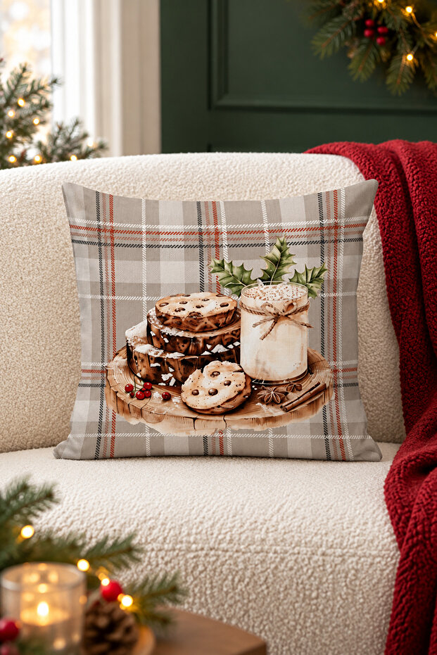 Winter Themed Decorative Throw Pillow Cover, Plaid Patterned and Cookie Figured Velvet 43X43 cm