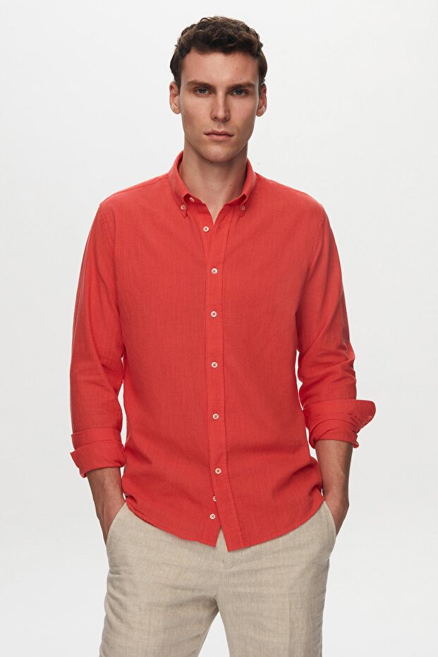 Slim Fit Pomegranate Blossom Button Collar 100% Cotton Summer Flared Linen Look Shirt