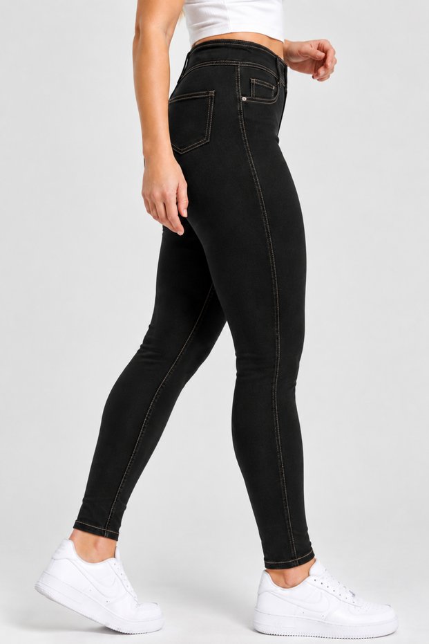 Curve Plus Size Tummy Control Firming High Waist Denim Look Black Leggings