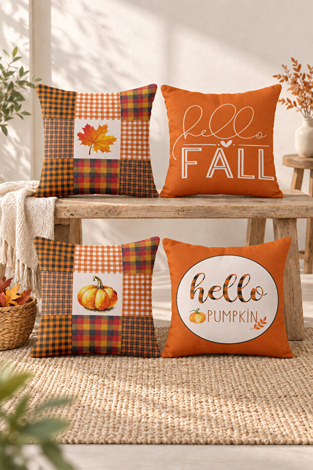 Velvet Throw Pillow Set - 4 Pieces, Double Sided Printed, Autumn and Pumpkin Pattern