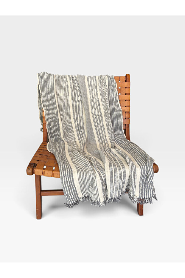4 Layer Muslin 100% Cotton - Bath & Beach Towel/ Peshtamal (190X100 cm) Anthracite - Ecru Striped