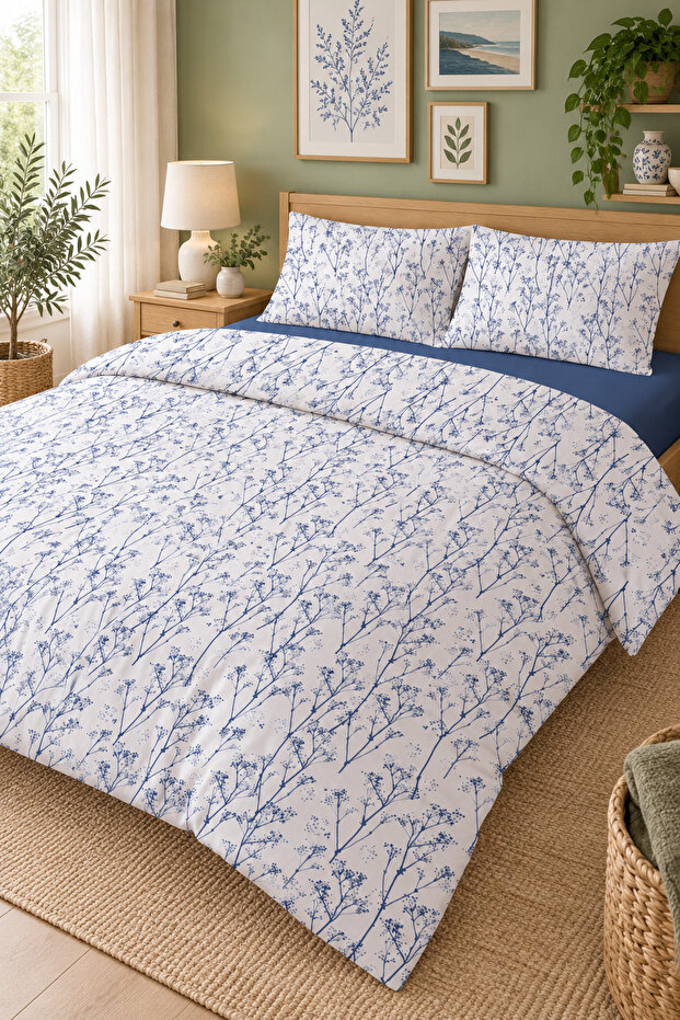 Blue Minimal Floral Pattern Cotton Double Duvet Cover and 2 Pillowcases