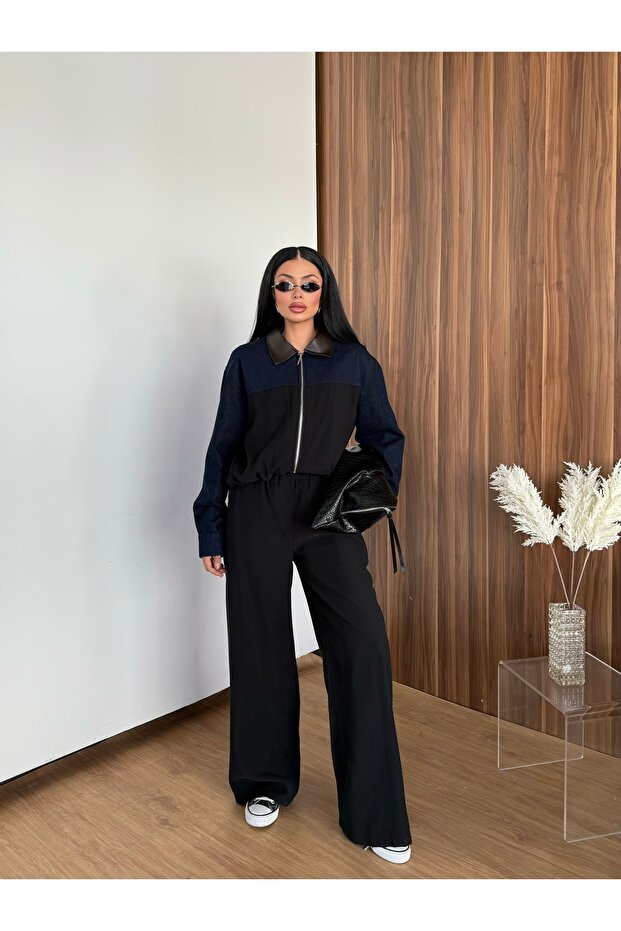 Women's Leather Collar Sleeve Denim Detailed Jacket and Trousers Set