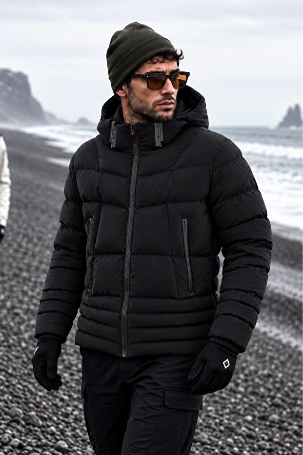 Men's Slim Fit Hooded Puffer Carbon Leather Coat