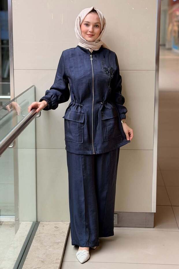 Palm Tree Embroidered Tunnel Waist Cap Pants Set