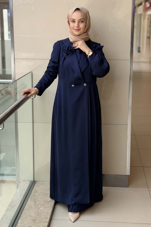 Double-Breasted Collar, One-Side Pleated Evening Dress