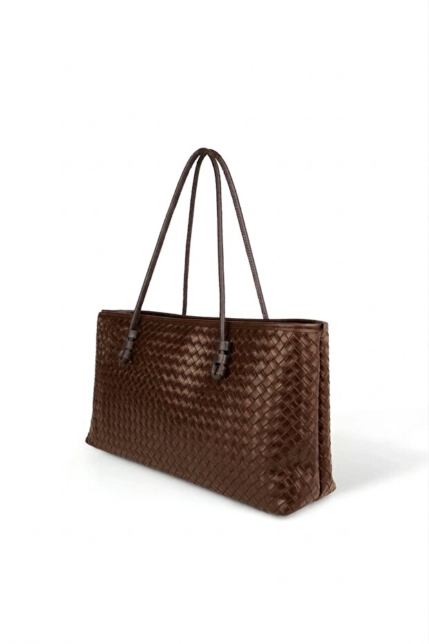 Owen Brown Matte Women's Rectangular Tote Bag with Zipper and Knitted Detail, Baguette Hand Shoulder Bag