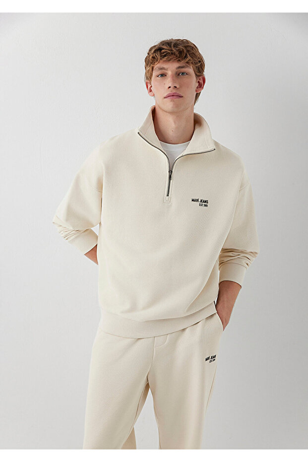 Logo Printed Half-Zip Beige Sweatshirt 0S10678-70072