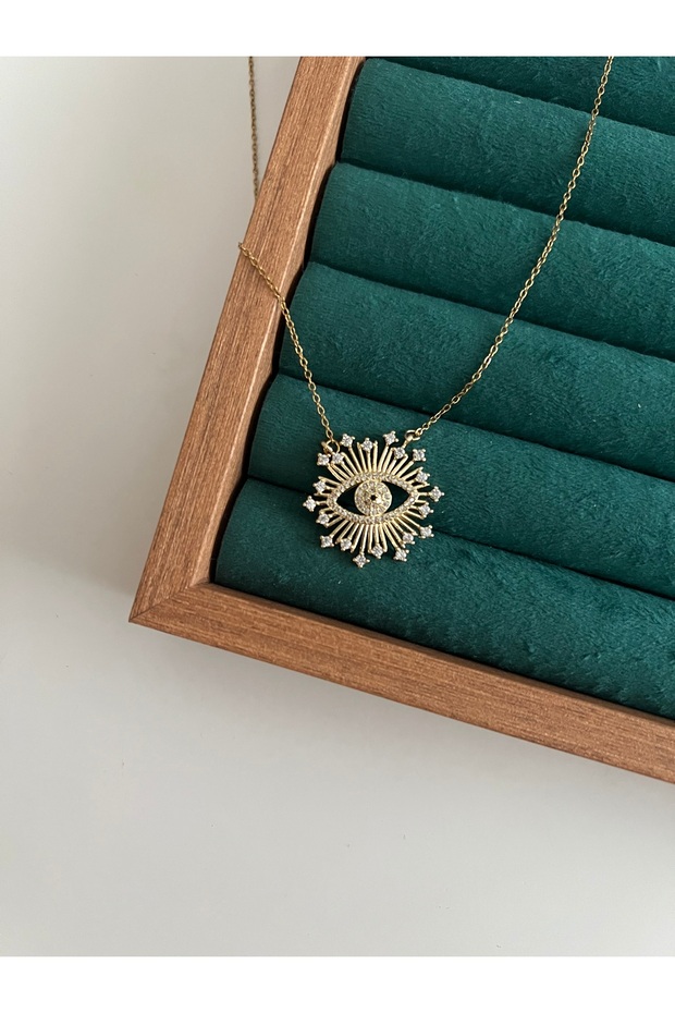 Zircon Stone Steel Eye Model Necklace 47 cm - Women's Steel Necklace - Stone Eye Necklace
