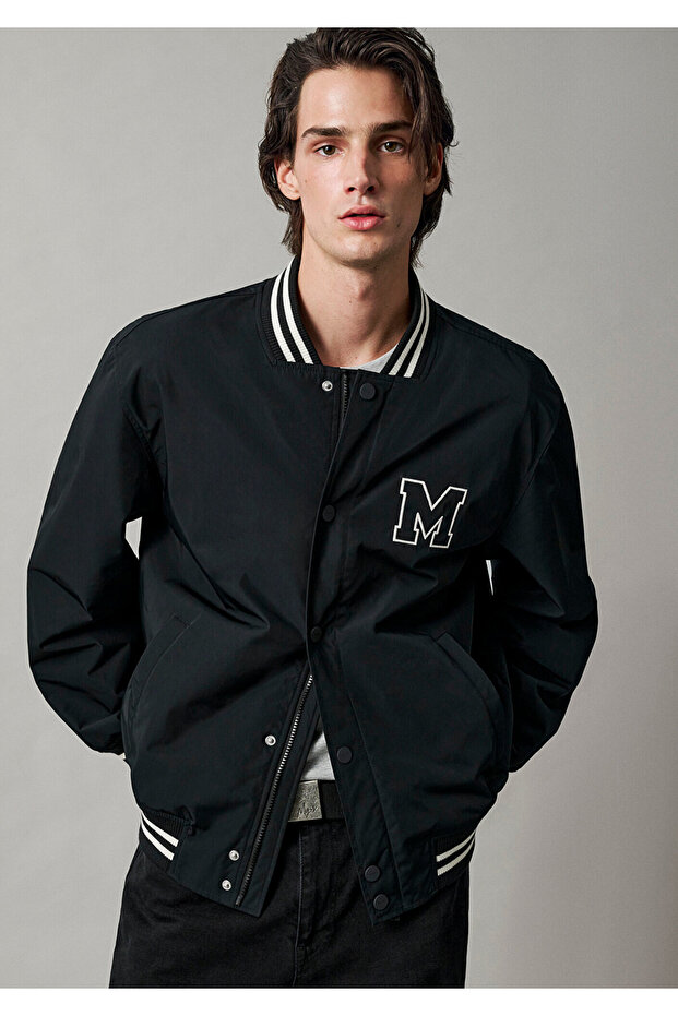 M0110830 Jeans Printed Black College Jacket Men's Coat Black