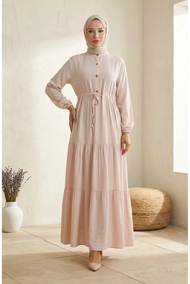Viscose Fabric Half Button Dress 0085-12 Powder