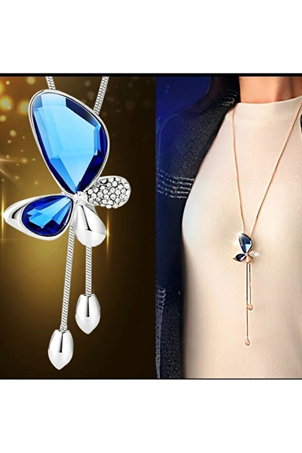 Korean Style Zircon Stone Long Chain Butterfly Elevator Necklace