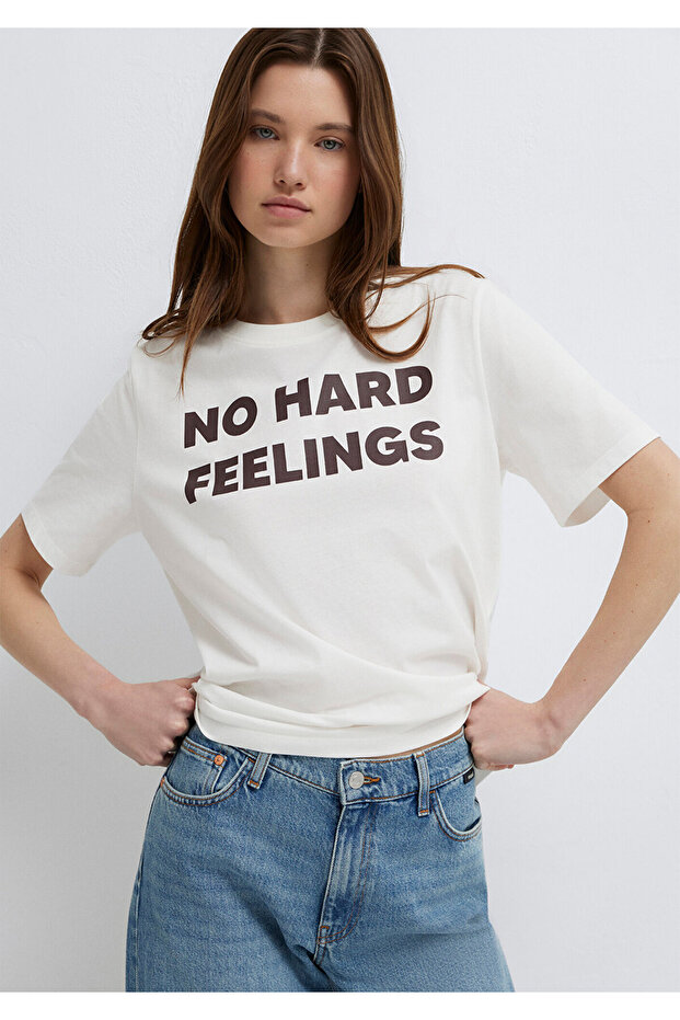 Slogan Printed Ecru T-Shirt Regular Fit / Normal Cut 1613735-70057