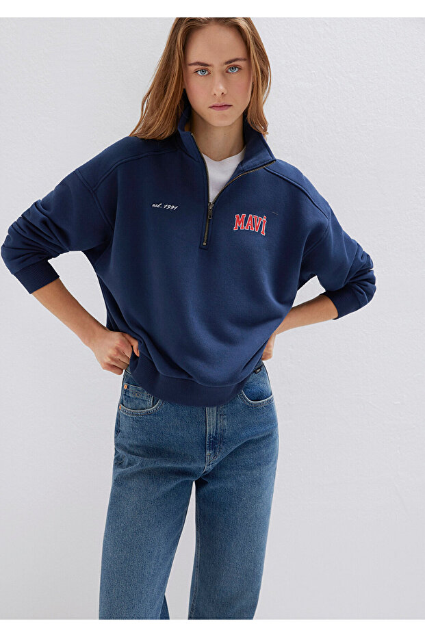 Logo Printed Half Zipper Navy Blue Sweatshirt 1S10373-70488
