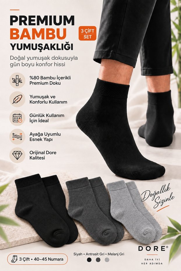 Original Men's 3-Pair Premium Bamboo Soft Textured Ultra Flexible Throat Structure Breathable Reinforced Heel Durable Toe 4-Season Suitable for Daily Use Half-Toe Socks Set | 3 Colors 40-45 Size