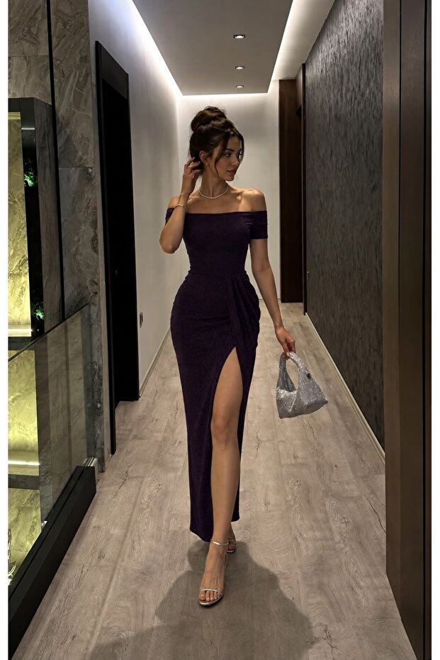 Madonna Collar Slit Glitter Evening Dress Purple 582864