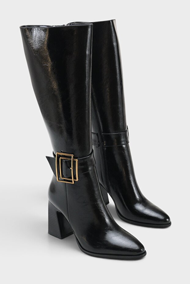 Women's Pointed Toe Side Zipper Gold Belt Buckle Heeled Boots Slord Black