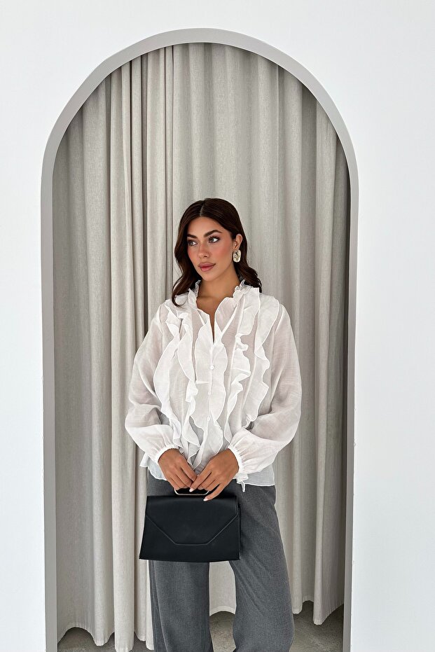 Women's V-Neck Organic Fabric Transparent Buttoned Ruffle Blouse