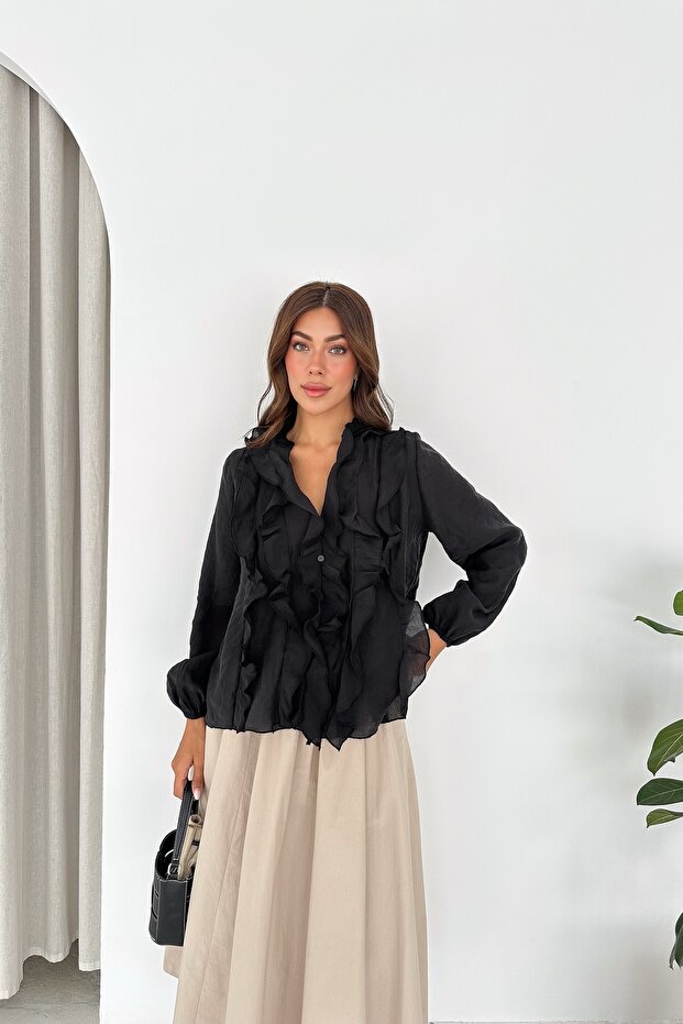 Women's V-Neck Organic Fabric Transparent Buttoned Ruffle Blouse