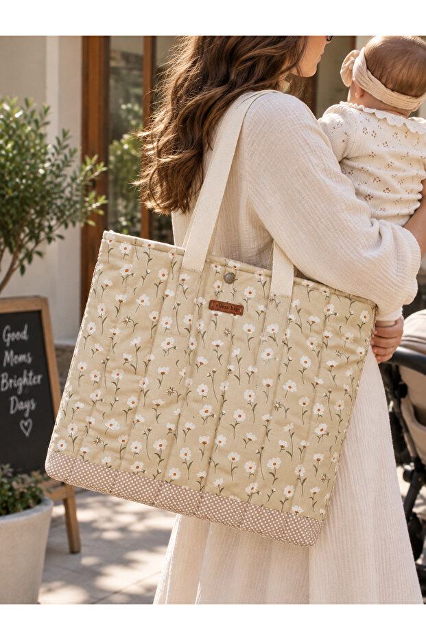 Cream Baby Care Bag, Lunchbag, Floral Patterned Women's Bag 100% Cotton