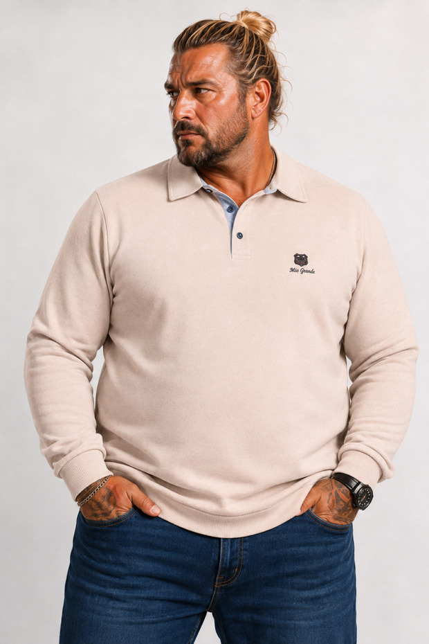 Men's Large Size Polo Collar Sweatshirt Moc Grande 24410 Beige