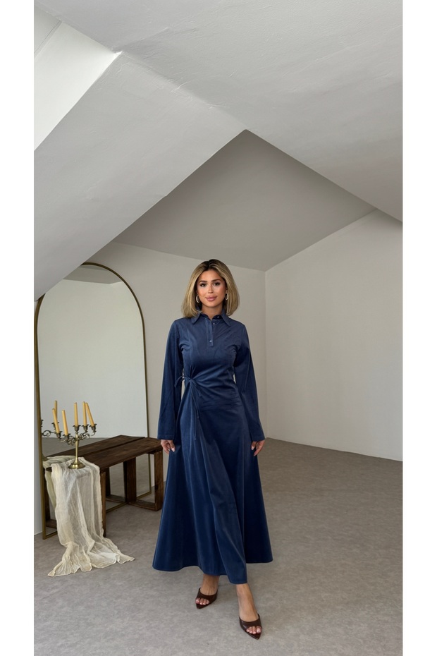 Velvet Side-Tie Half Placket Button-Down Special Occasion Everyday Long Height Women's Dress