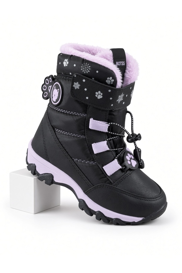 Girl's Black Lilac Fur Boots